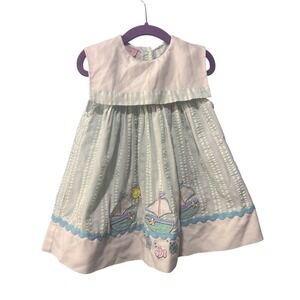Samara Girls Nautical‎ Seersucker Sailor Dress Blue White Striped Sailboat READ